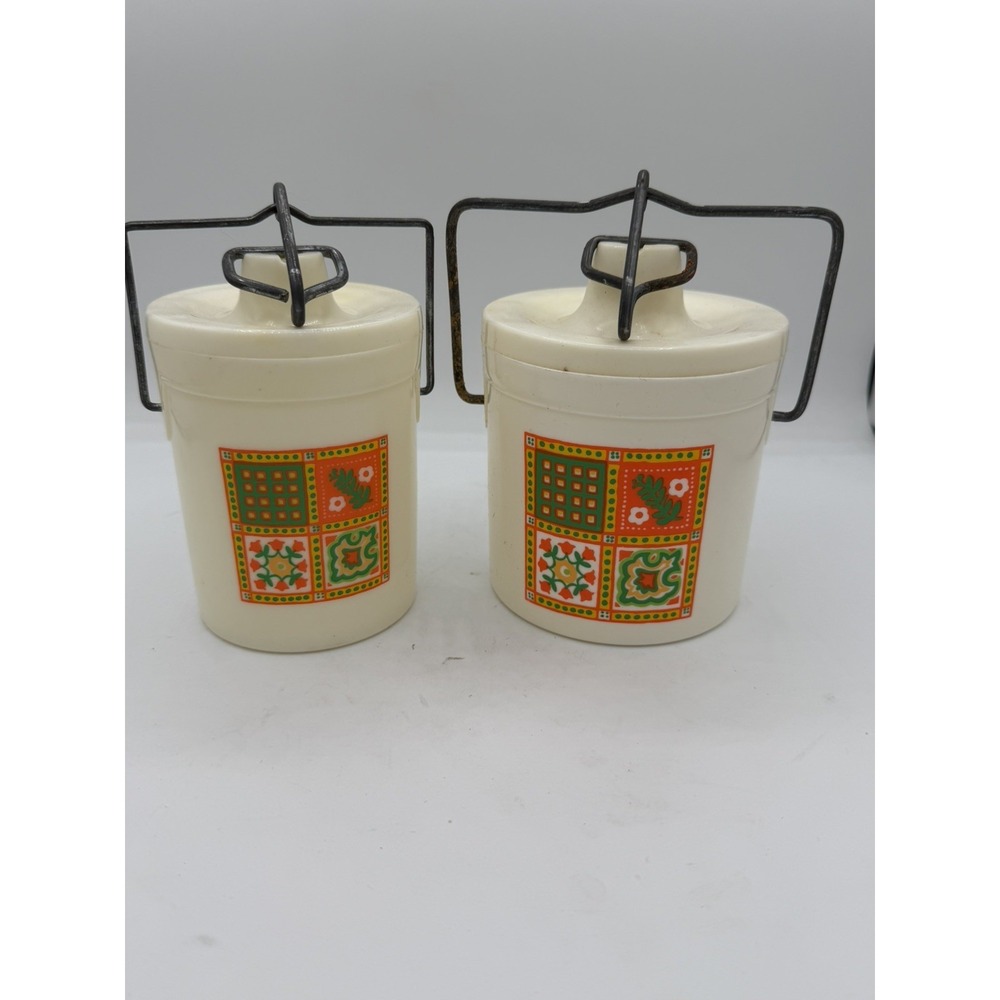 Vintage Avon Cottagecore Patchwork Folk Art Plastic Jars Bail Lids 2 Pc Set